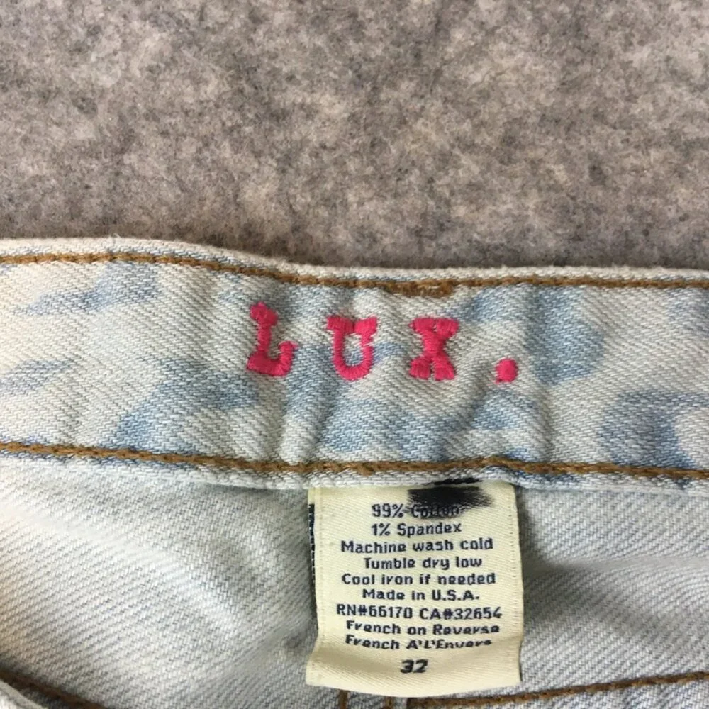 LUX Jeans 32 14 Mid Rise Straight Light Wash Leopard Print Stretch Blue Made USA - Picture 9 of 12